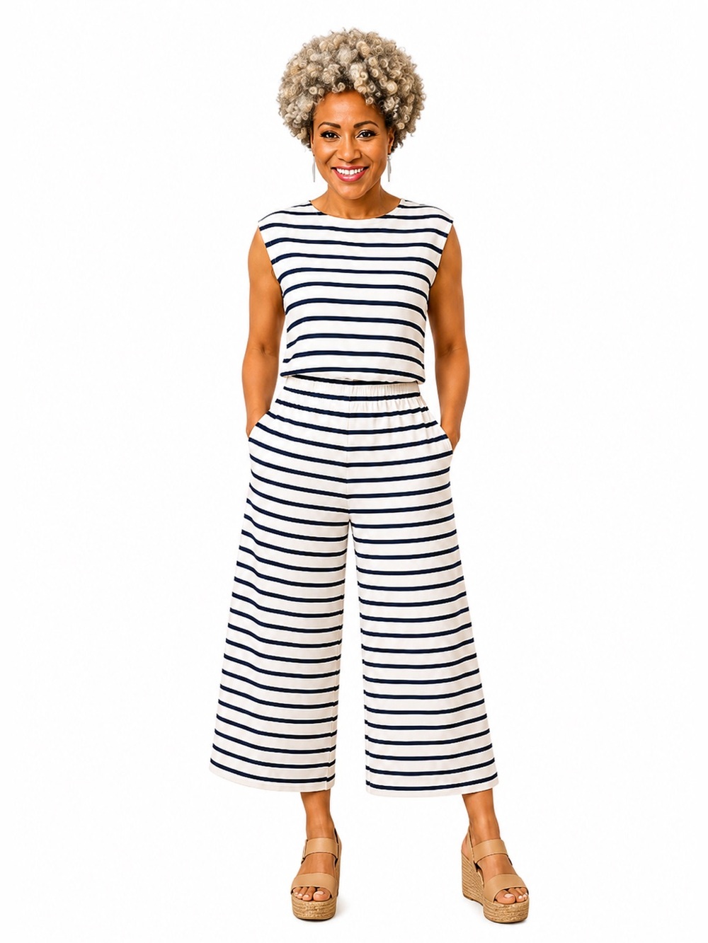 FD by Fred David Striped Wide Leg Jumpsuit Navy White Tie Back Women’s Size Lrg